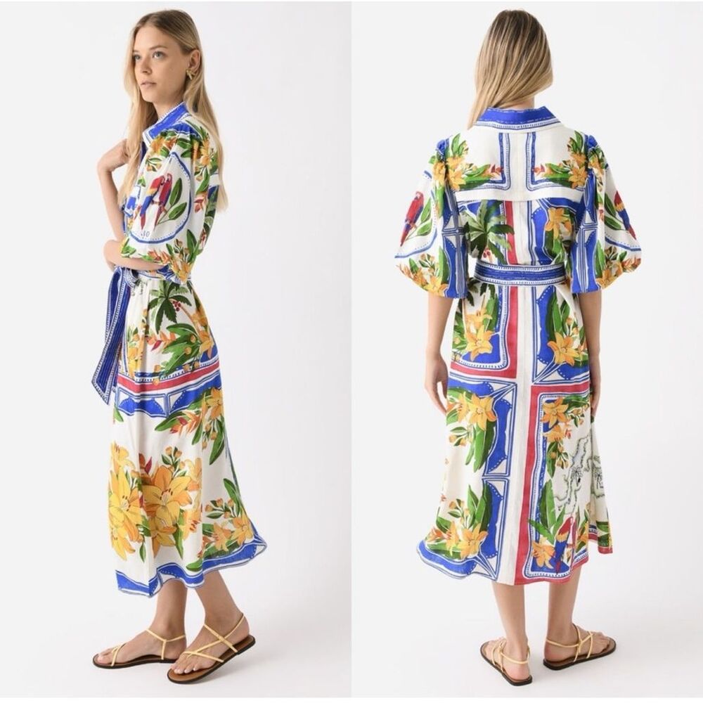 FARM Rio White Blue Tropical-Print Midi Shirtdress - Picture 4 of 7